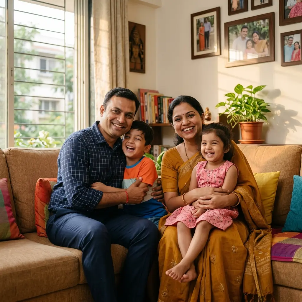 Indian family reviewing insurance documents with advisor